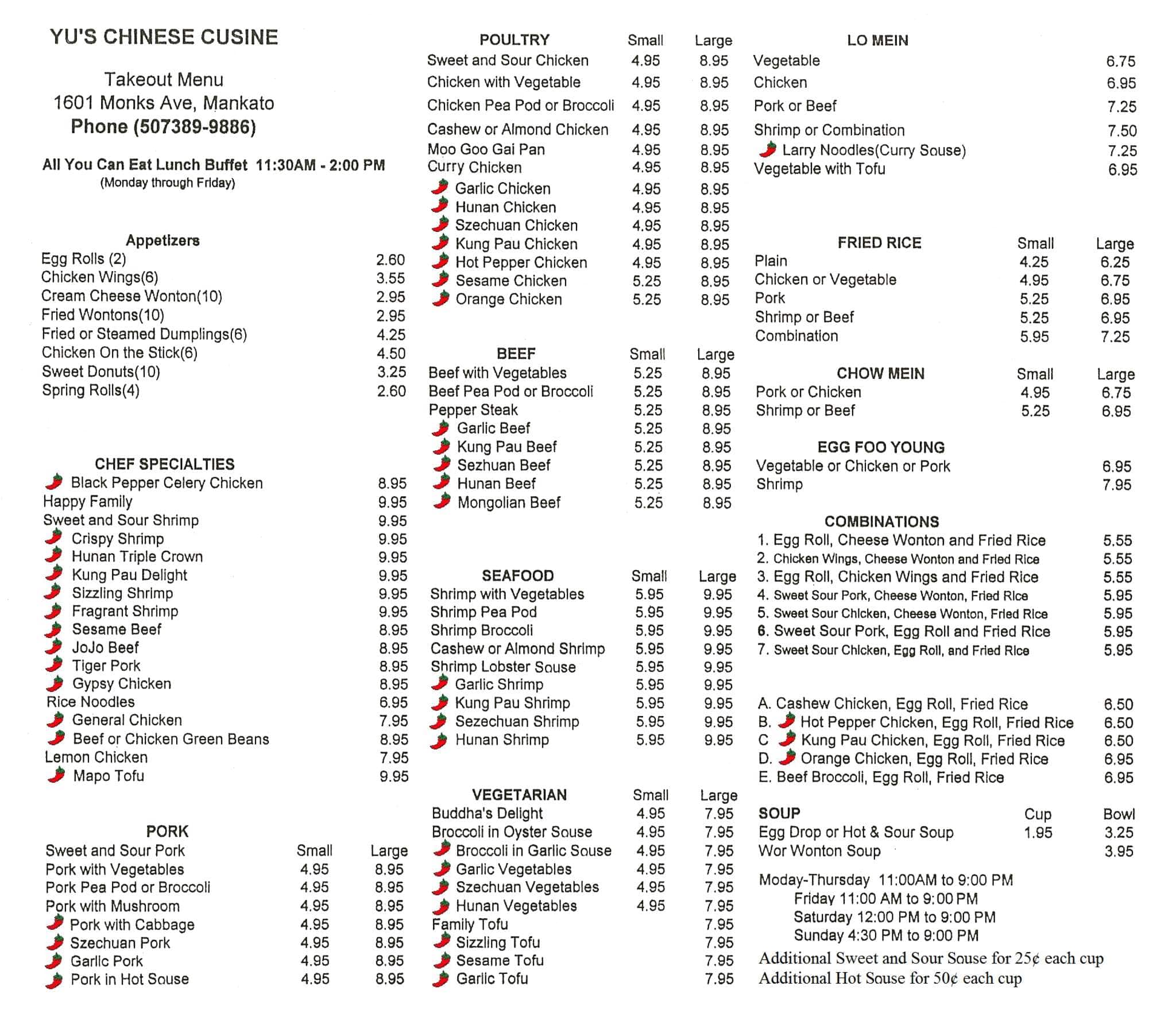 Yus chinese food menu